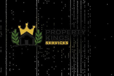 Property King Services logo with gold crown, house icon, and green laurel leaves on dark textured background