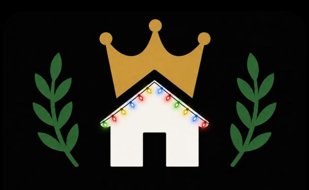 Illustration of a white house with a golden crown on top, flanked by green laurel branches on a black background