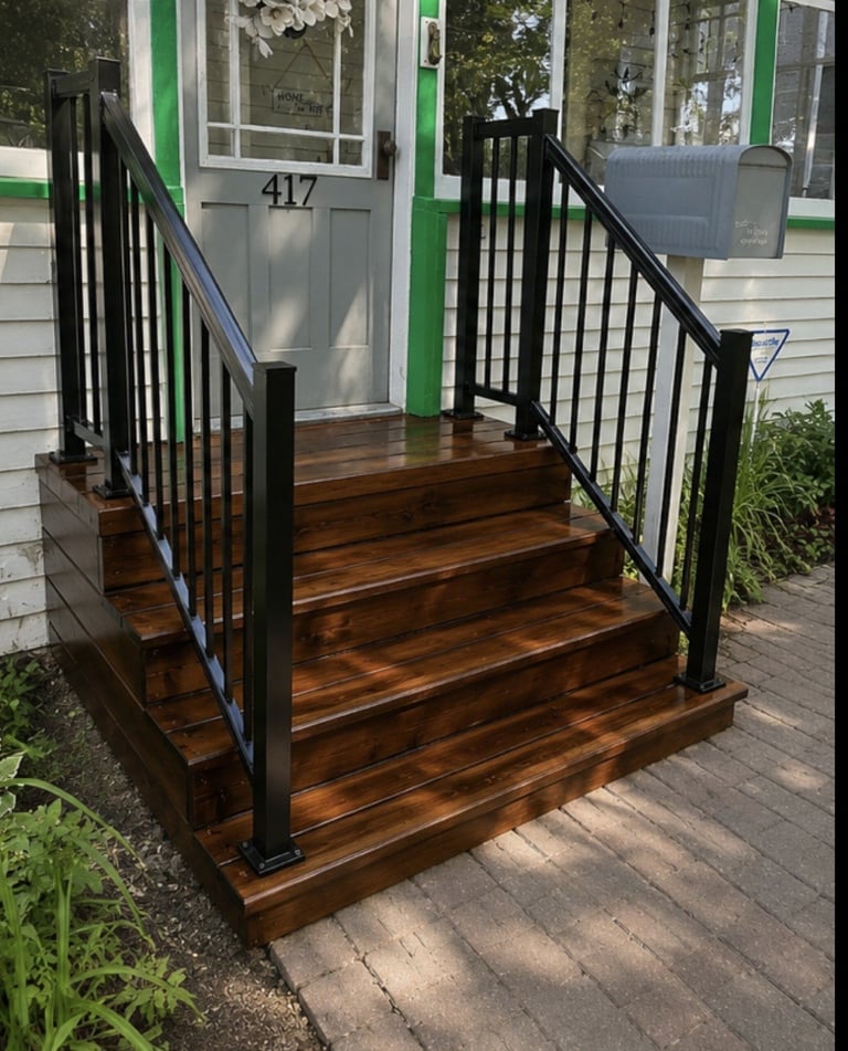 Wooden deck stairs with black metal railings leading to a white house entrance numbered 417