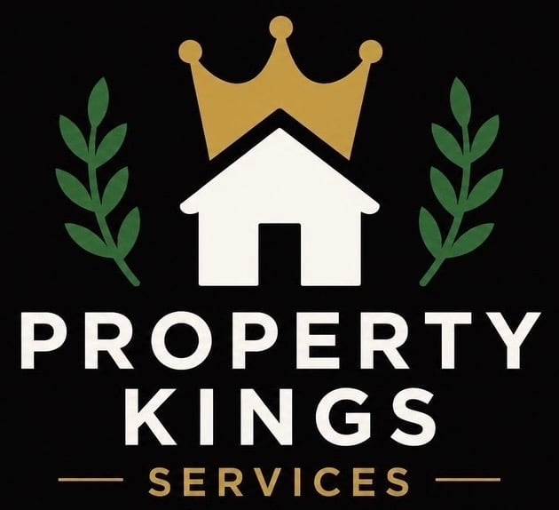 Property Kings Services logo featuring a white house with gold crown above, flanked by green laurel leaves on black background